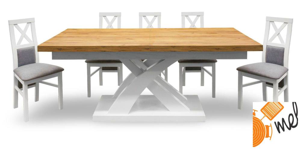 Unikalny design, designerski stół X z krzesłami tapicerowanymi