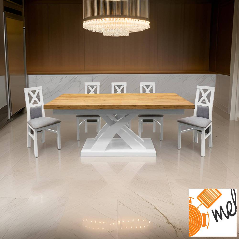 Designerski stół X z krzesłami tapicerowanymi