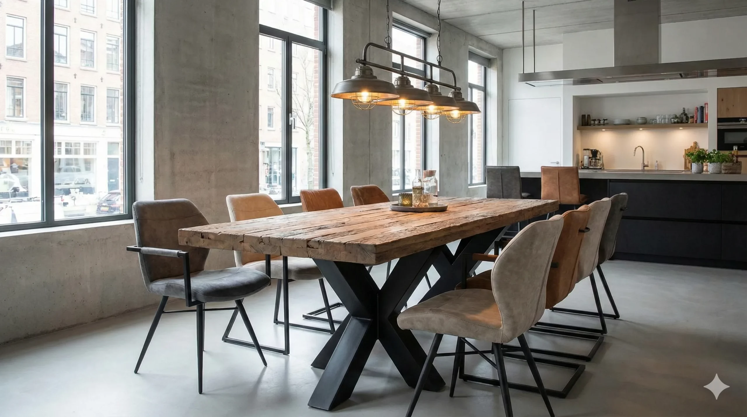 stół z drewnianym blatem i metalowymi nogami