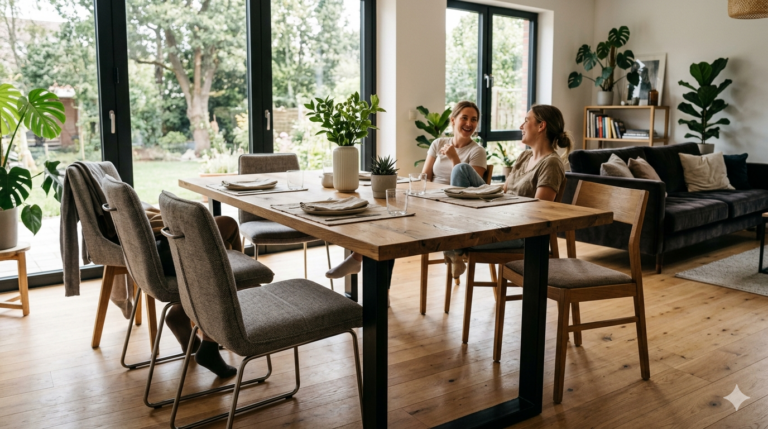 stół z metalowymi nogami