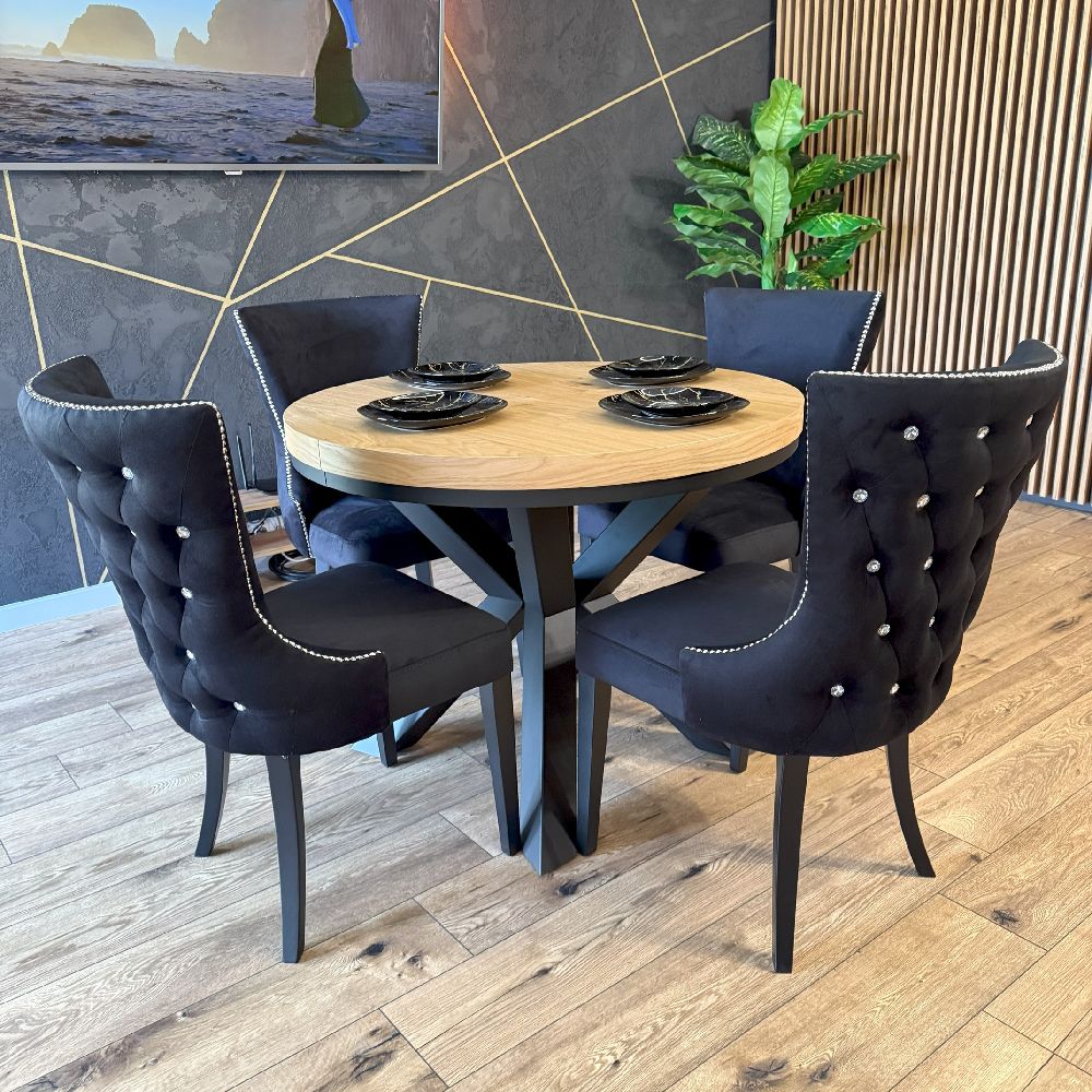 Stół okrągły rozkładany dębowy z metalowymi nogami X