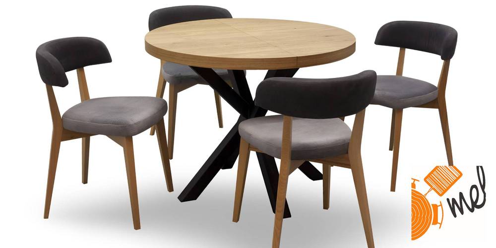 Okrągły rozkładany stół z krzesłami tapicerowanymi w zestawie mebli do kuchni, jadakni i salonu
