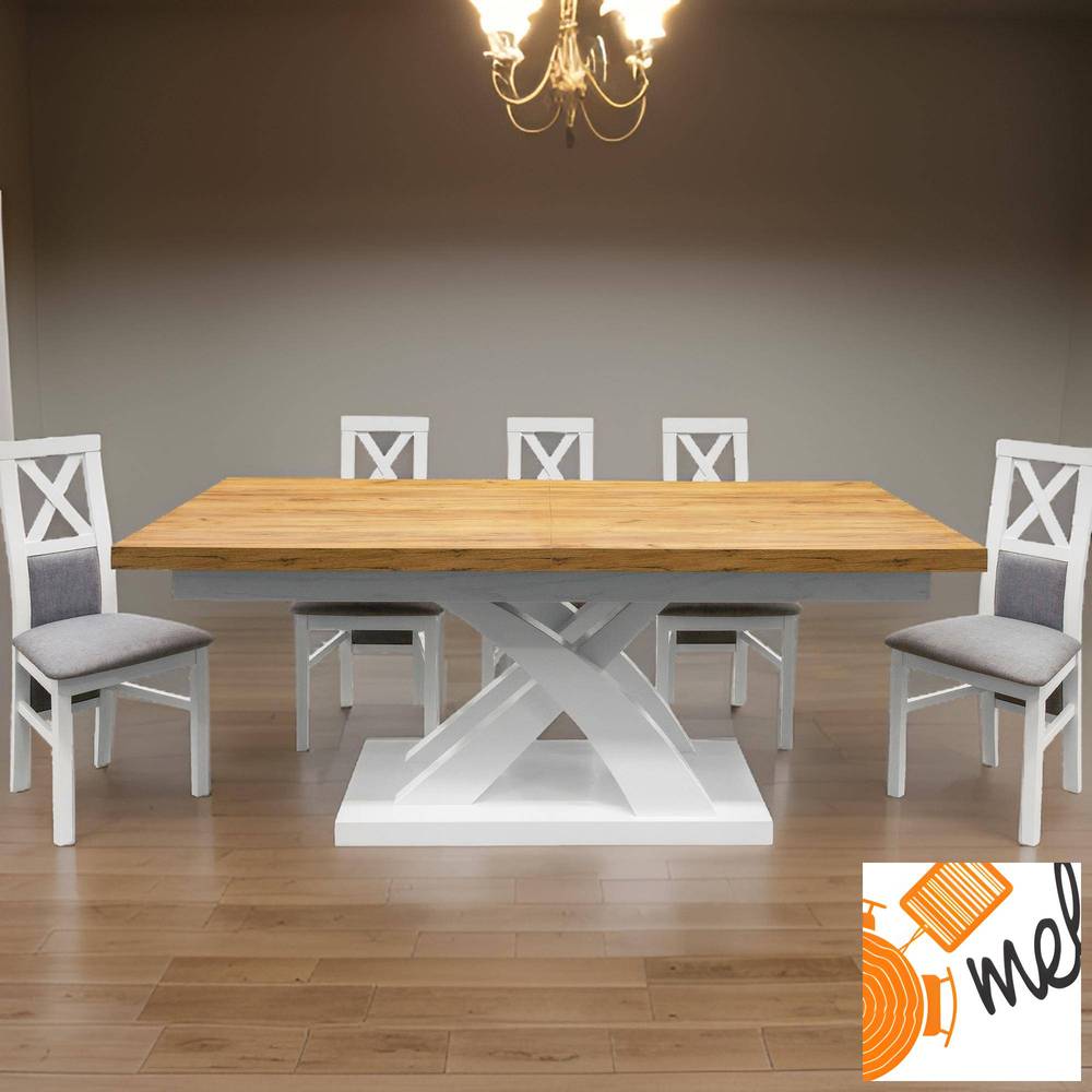 designerski stół X z krzesłami tapicerowanymi X