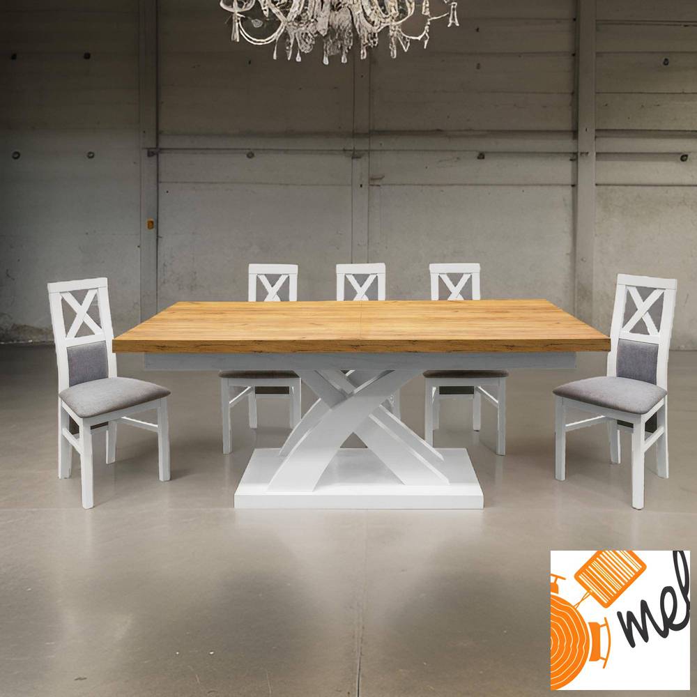 designerski stół X z krzesłami tapicerowanymi X zestaw na białych nogach