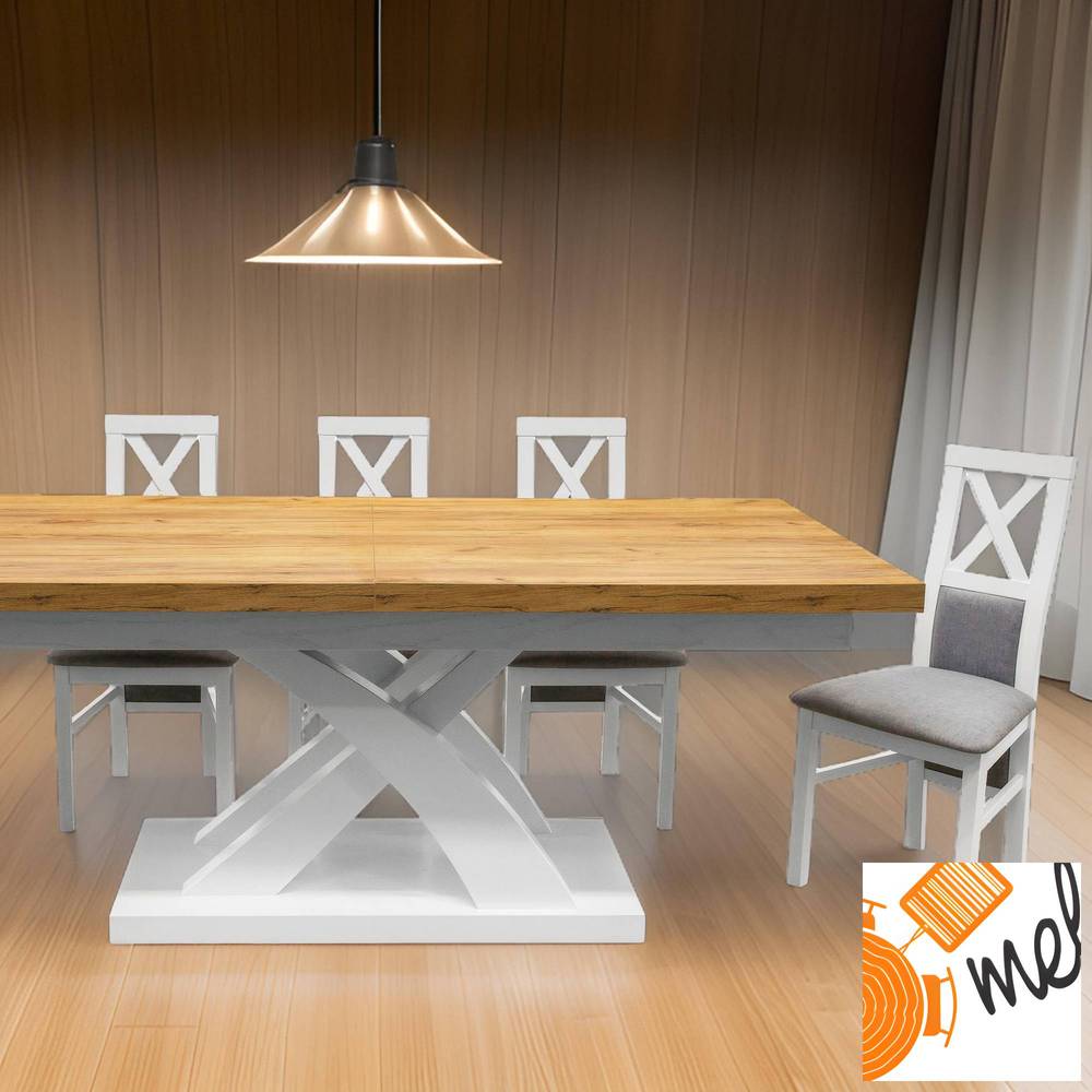 designerski stół X z krzesłami tapicerowanymi X