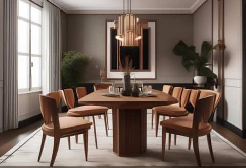 typowa jadalnia w stylu art déco ze stołem jadalnianym z krzesłami drewnianymi