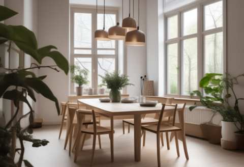 typowa jadalnia w stylu skandynawskim ze stołem jadalnianym z krzesłami welurowymi