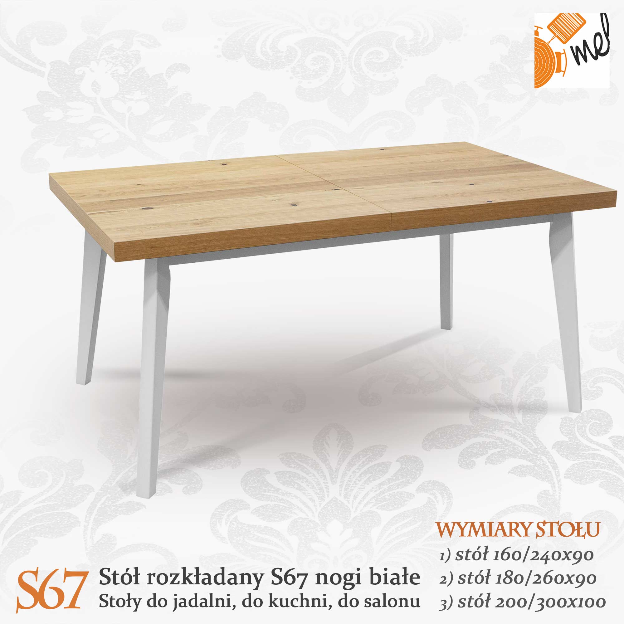 Stół prostokątny rozkładany S67 styl skandynawski na białych nogach