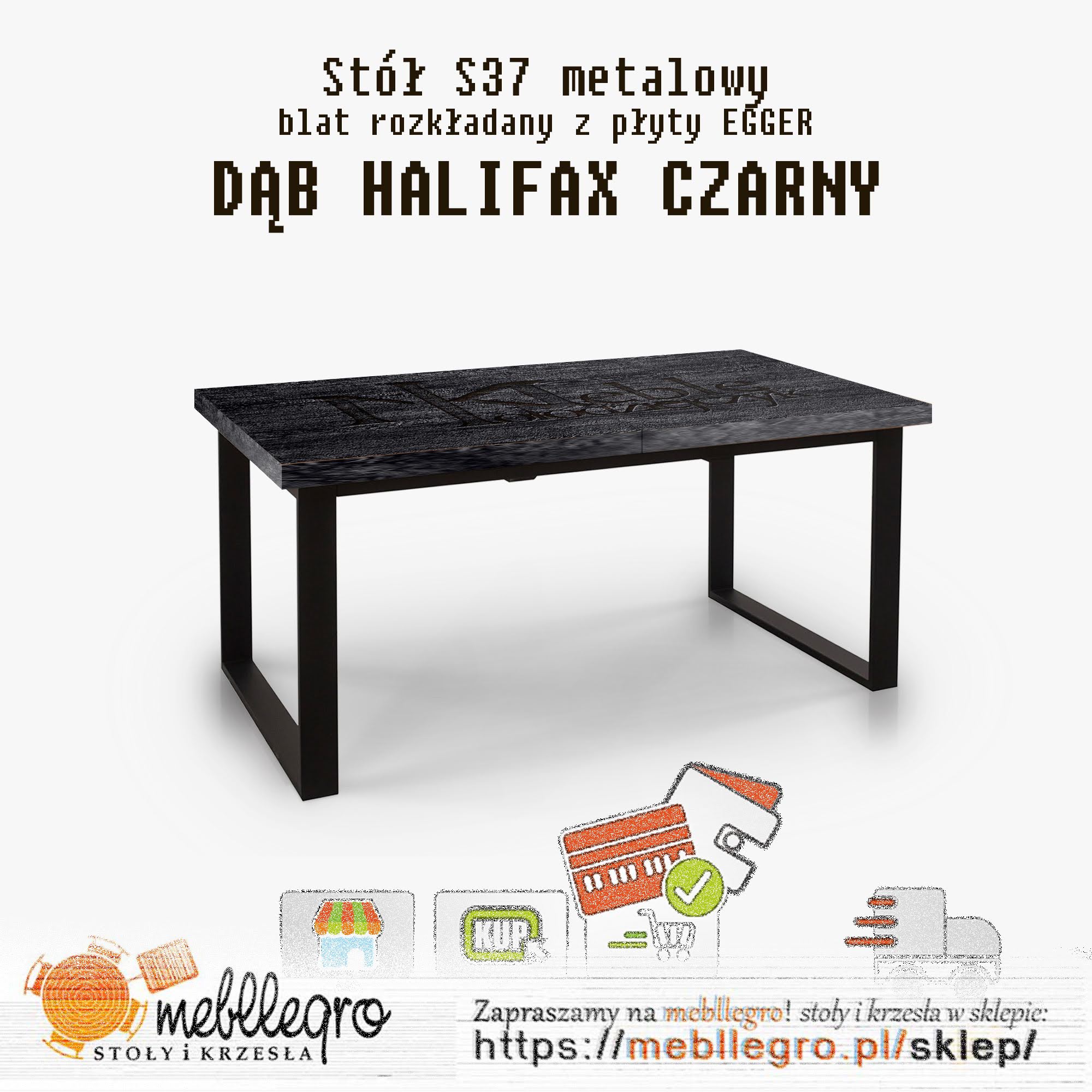 Stół S37 metalowy rozkładany Dąb Halifax czarny