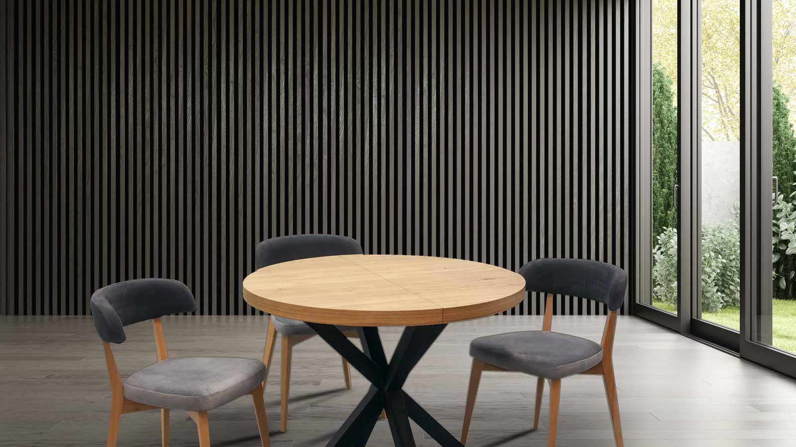 okrągły stół rozkładany na metalowych nogach z drewnianymi krzesłami tapicerowanymi
