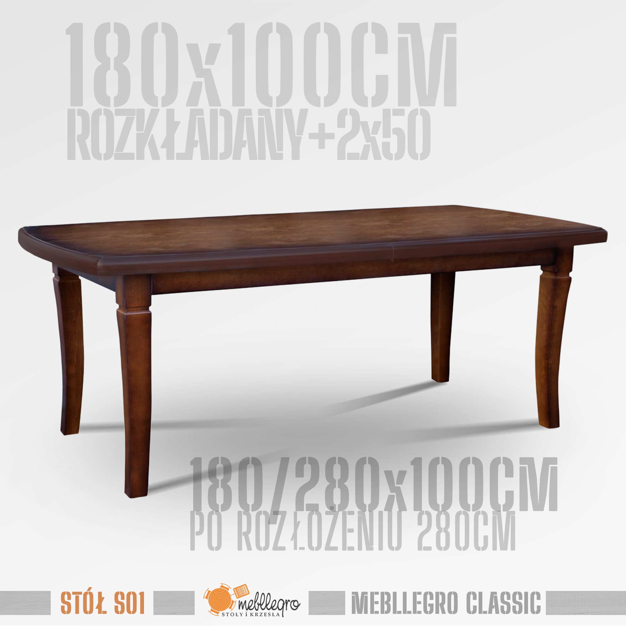 Stół drewniany S01 wymiary stołu 180x100 rozkładany do 280cm / MEBLLEGRO CLASSIC
