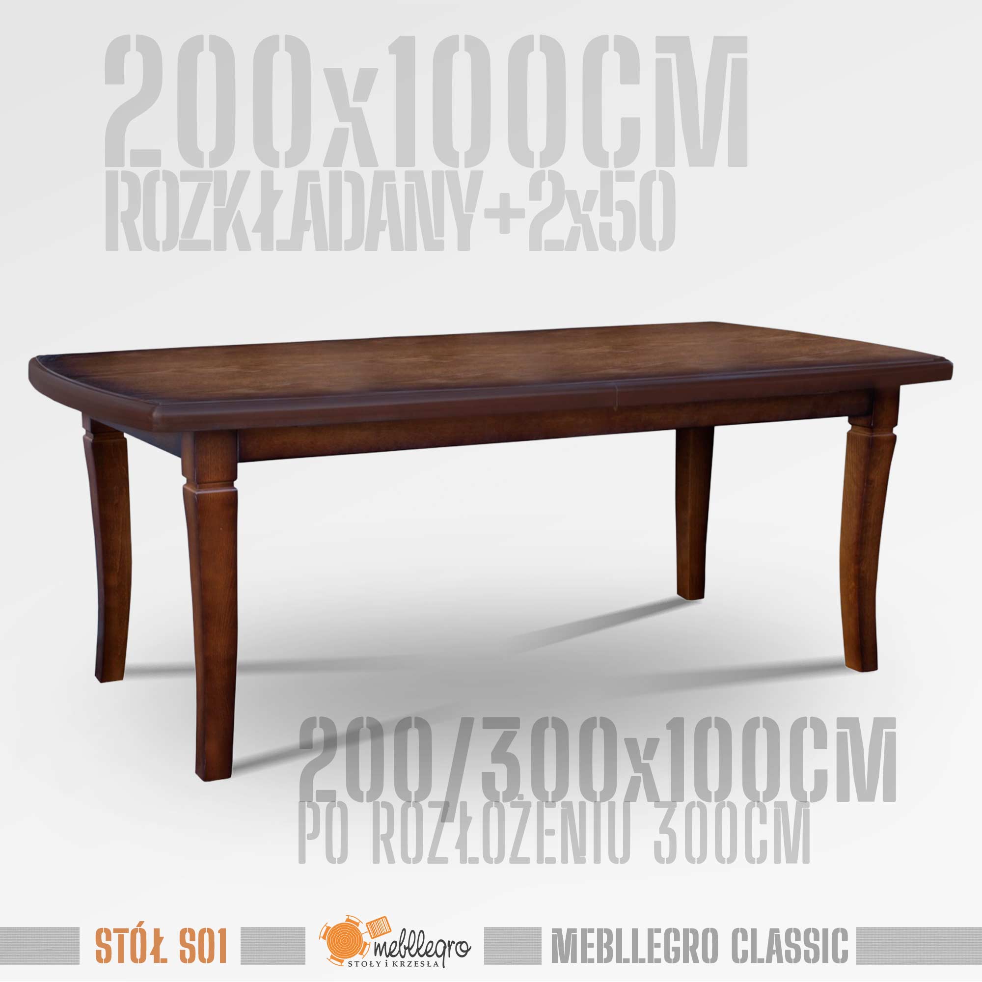 Stół drewniany S01 wymiary stołu 200x100 rozkładany do 300cm / MEBLLEGRO CLASSIC