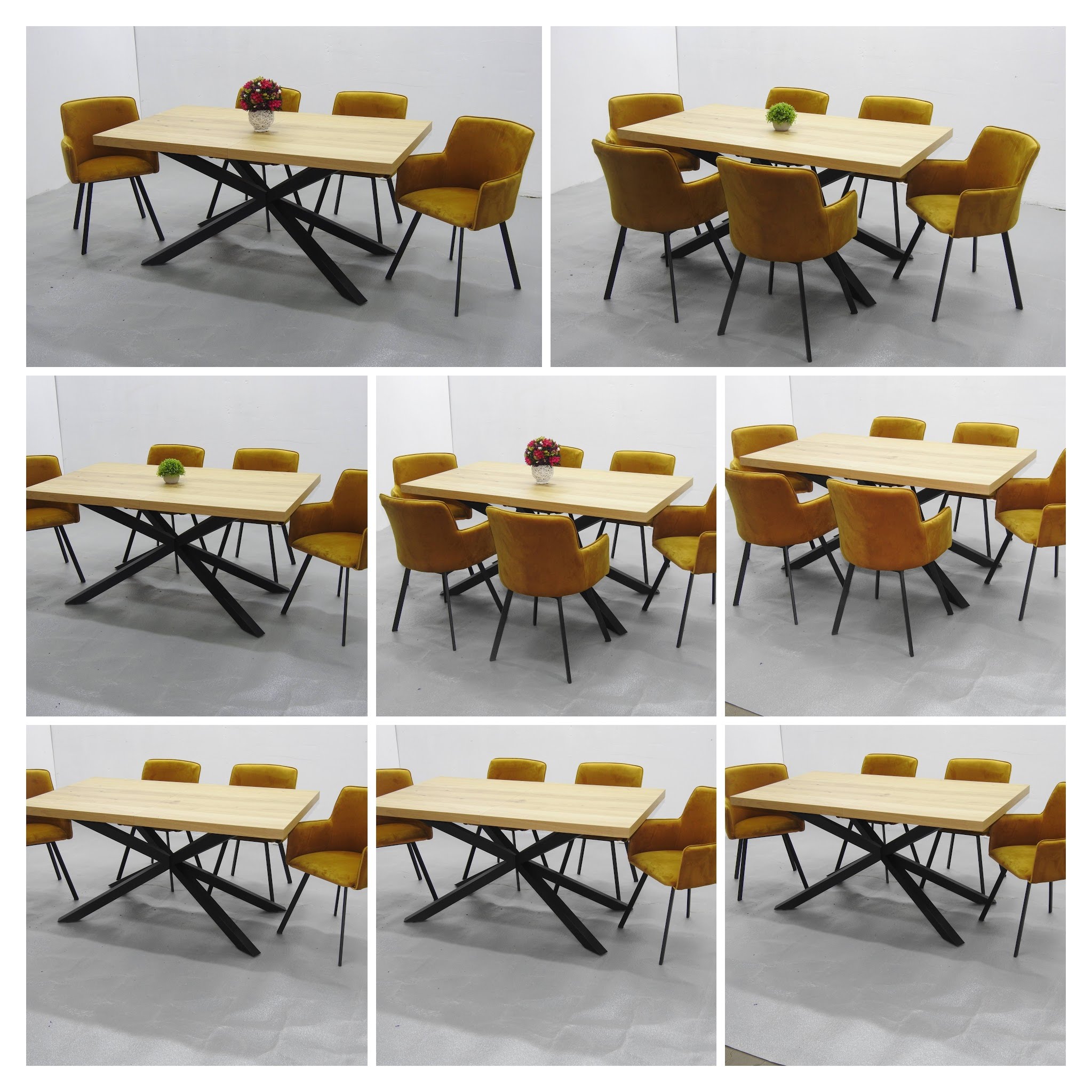 stół X metalowy 140x90cm z żółtymi krzesłami