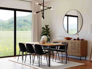Stół z krzesłami tapicerowanymi w jasnym wnętrzu przestronnego loftu