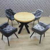 stół okrągły rozkładany z metalowymi nogami X i 4 krzesła szaro szare 2 ciemne 2 jasne