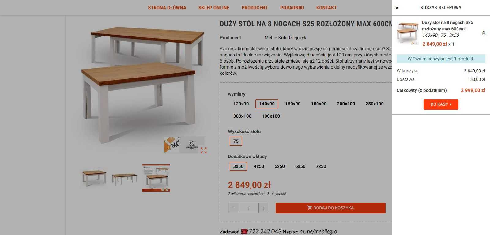 Po dodaniu do koszyka z prawej strony panel z podsumowaniem koszyka