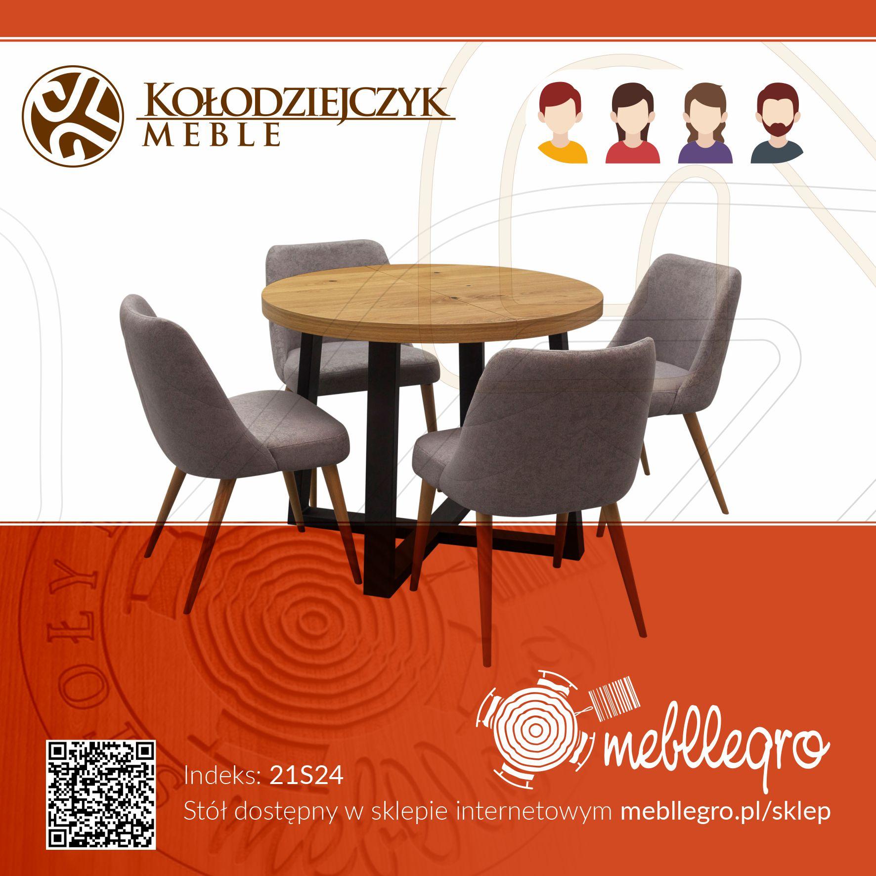 Mały okrągły stół rozkładany z krzesłami tapicerowanymi / miejsce przy stole na 4 osoby i na 6 osób po rozłożeniu stolika