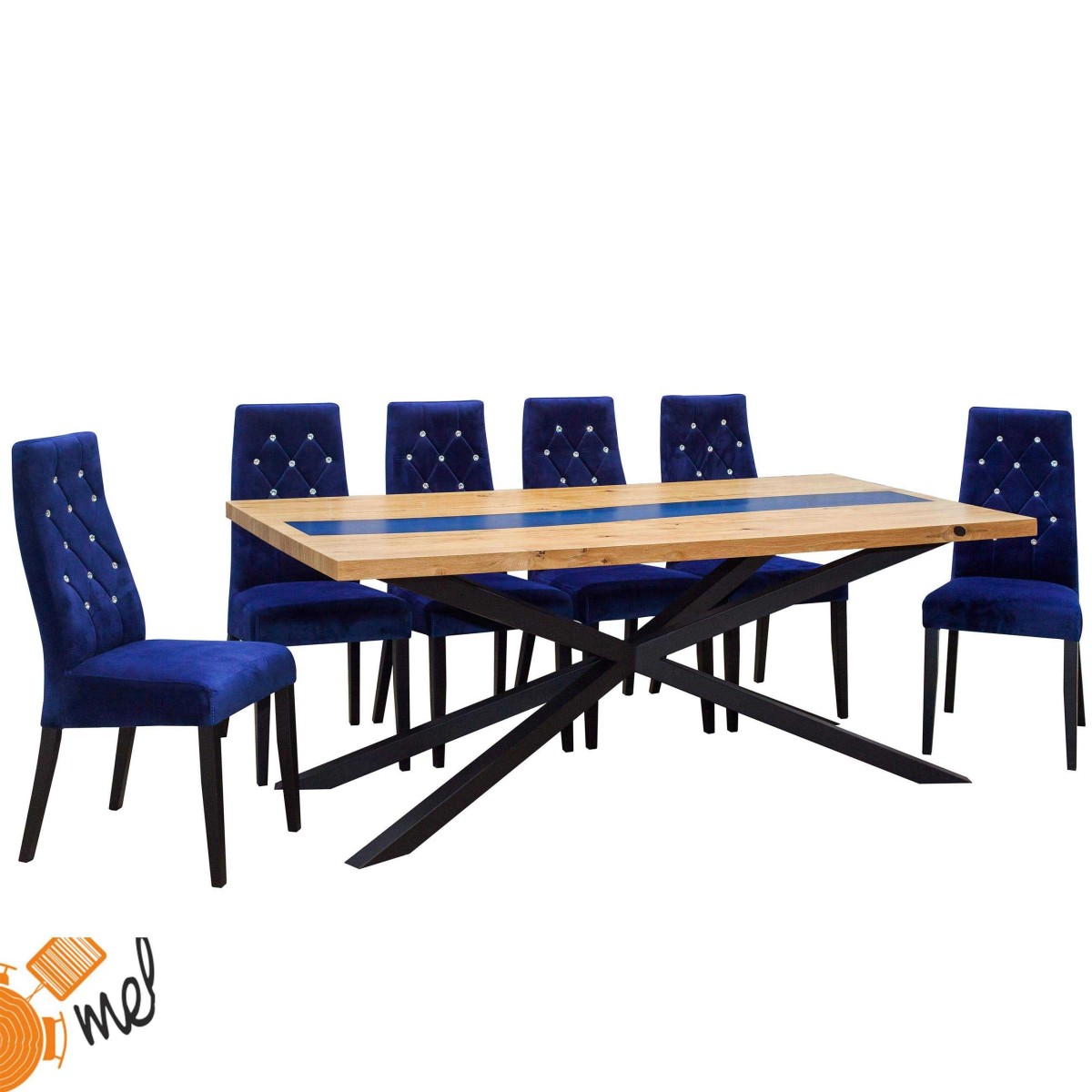 Stół z żywicą lite drewno dąb i krzesła pikowane niebieskie