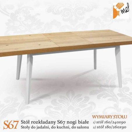 Dębowy stół rozkładany S67 drewniany po rozłożeniu na białych nogach