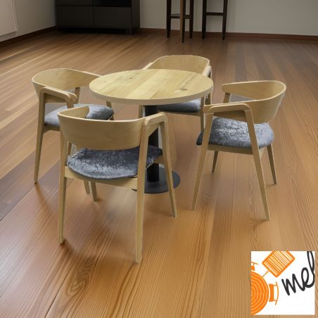 Okrągły stolik na jednej nodze i krzesła z podłokietnikami