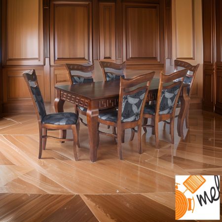 Zestaw mebli do salonu - stół drewniany rozkładany z krzesłami tapicerowanymi