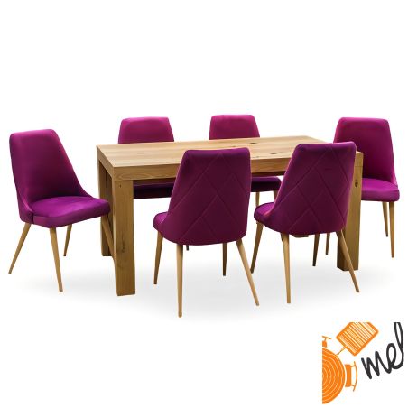 Dębowy stół 8 nóg z krzesłami tapicerowanymi różowy welur