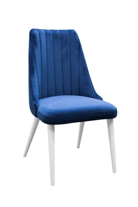 Krzesło tapicerowane niebieskie K152 białe nogi, pionowe przeszycia tapicerki na oparciu