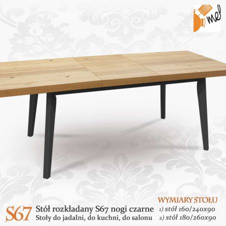 Dębowy stół rozkładany S67 drewniany po rozłożeniu na czarnych nogach