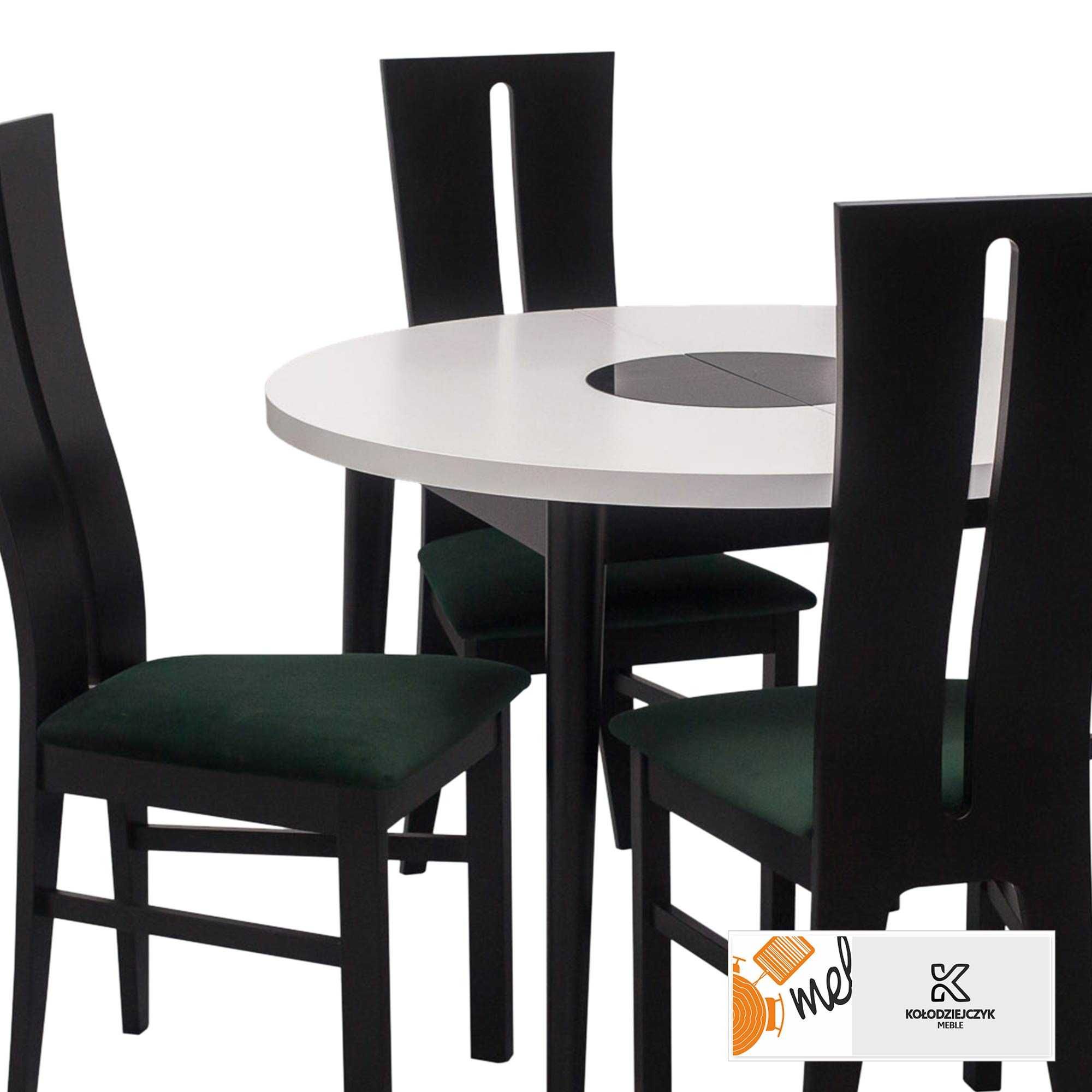 Okrągły stół rozkładany biały blat i czarne nogi z krzesłami