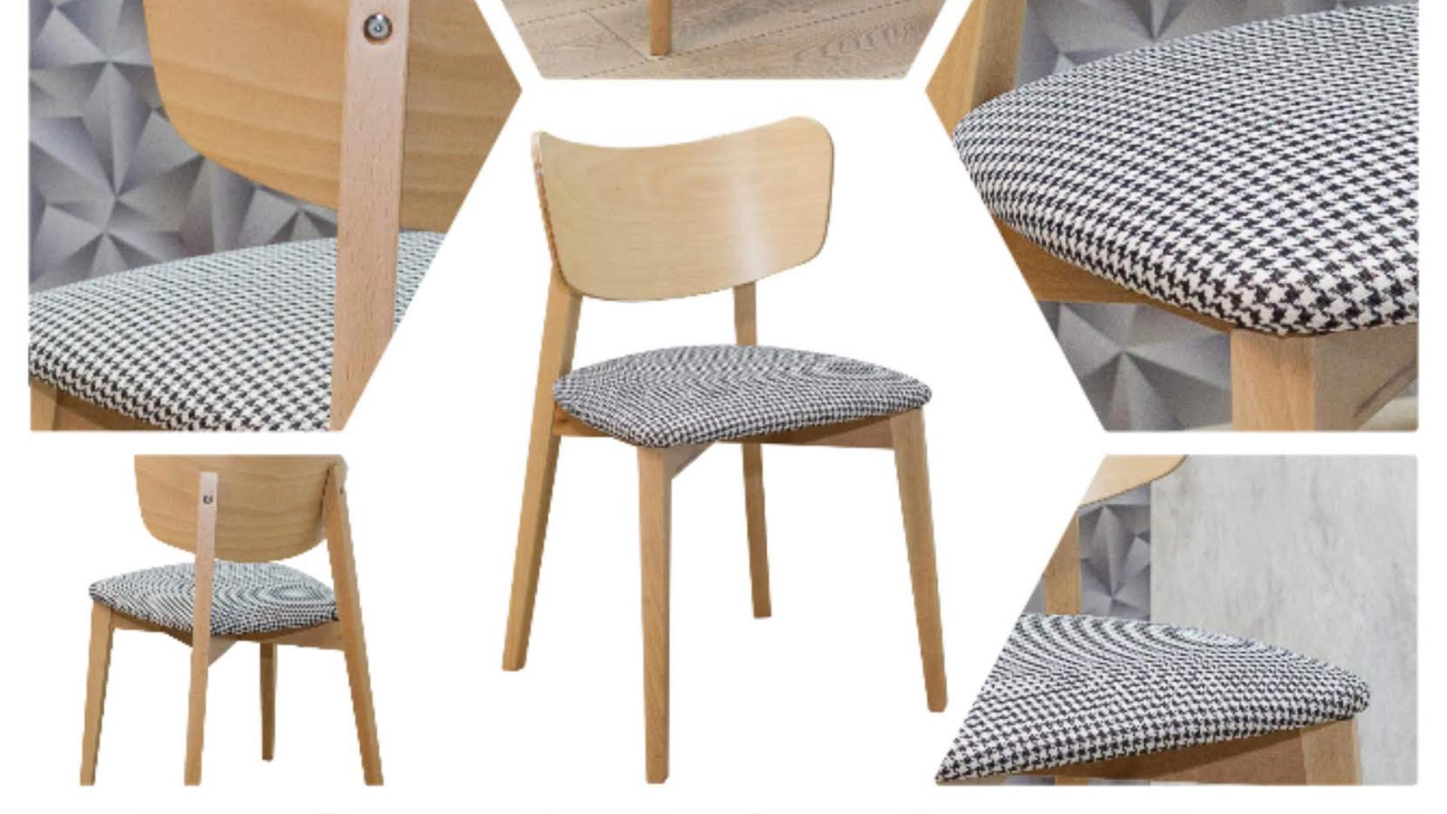 Krzesło skandynawskie drewniane z tapicerowanym siedziskiem materiał w pepitkę