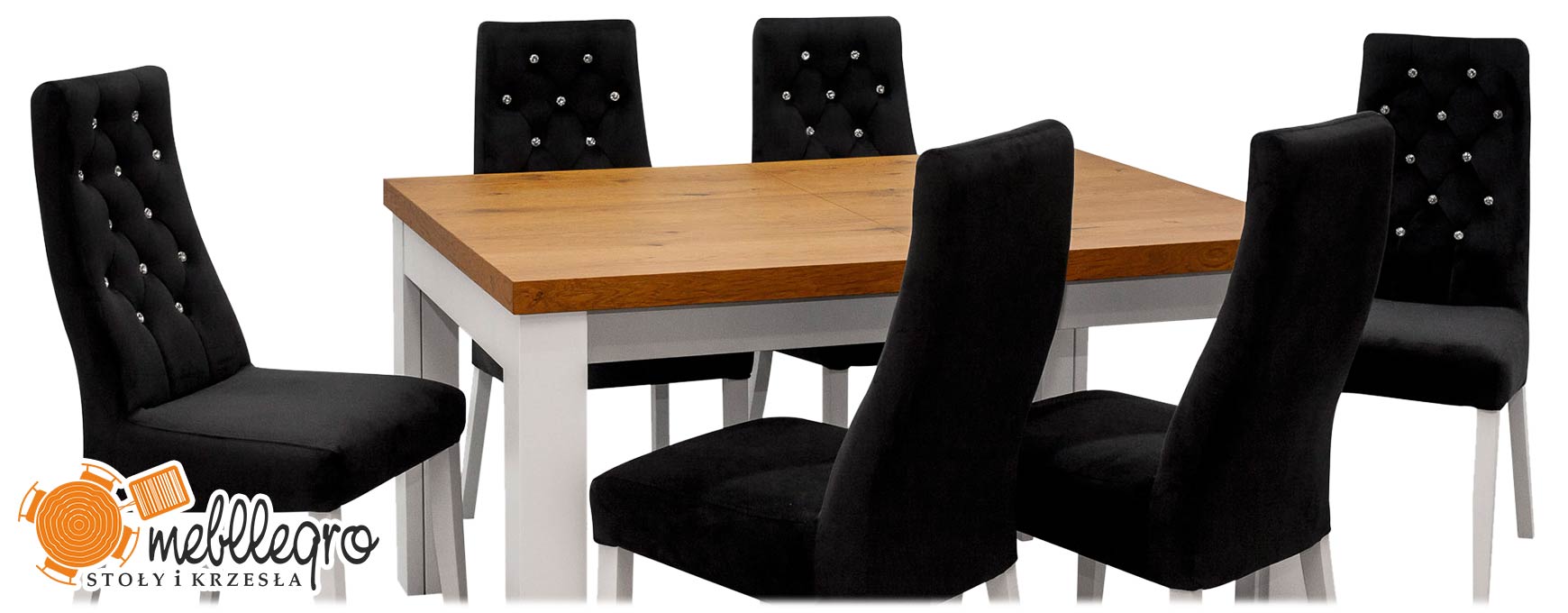 Drewniany stół rozkładany z krzesłami welurowymi