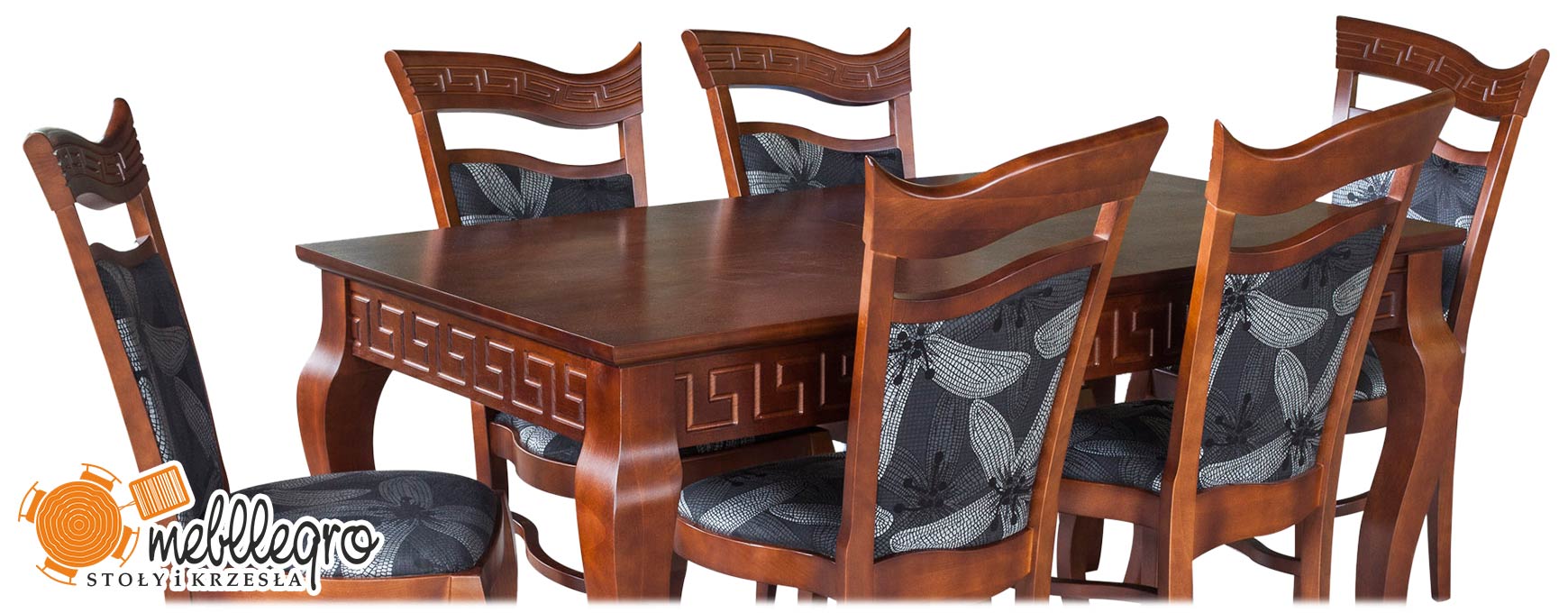 Stylowy stół drewniany z krzesłami tapicerowanymi