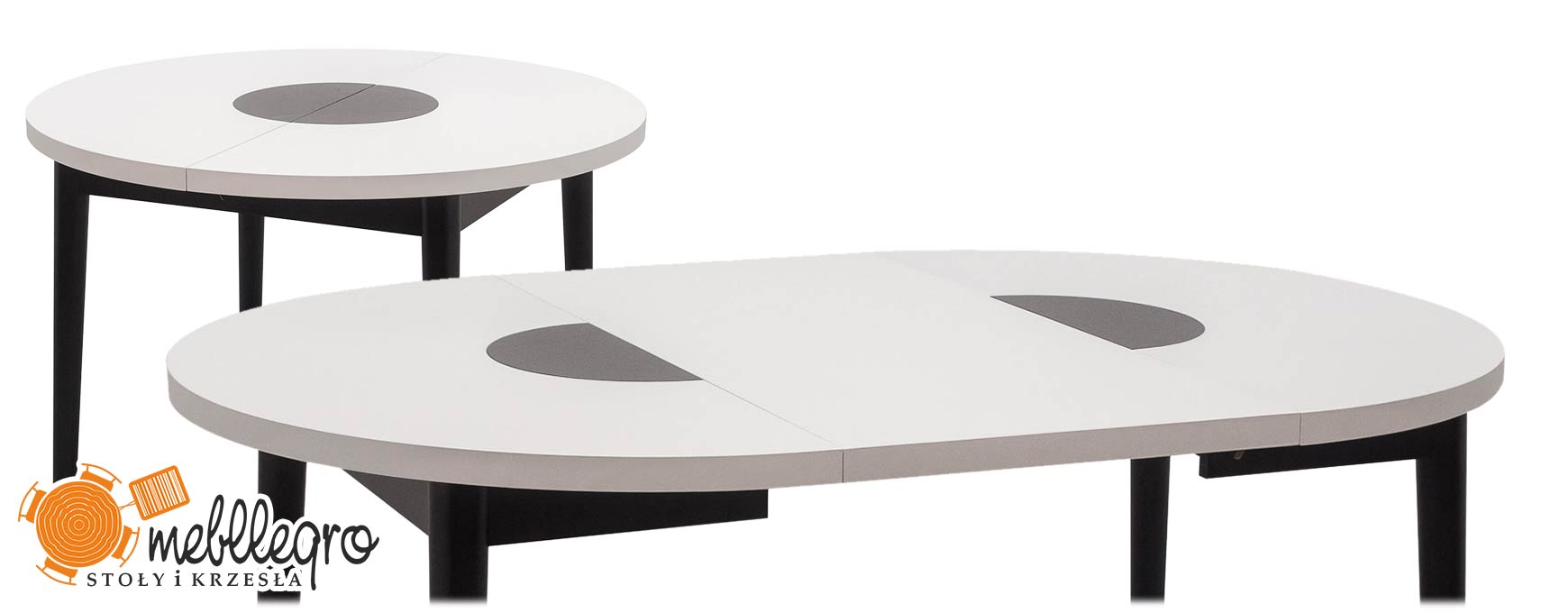 Okrągły stół rozkładany z białym blatem i czarnymi nogami